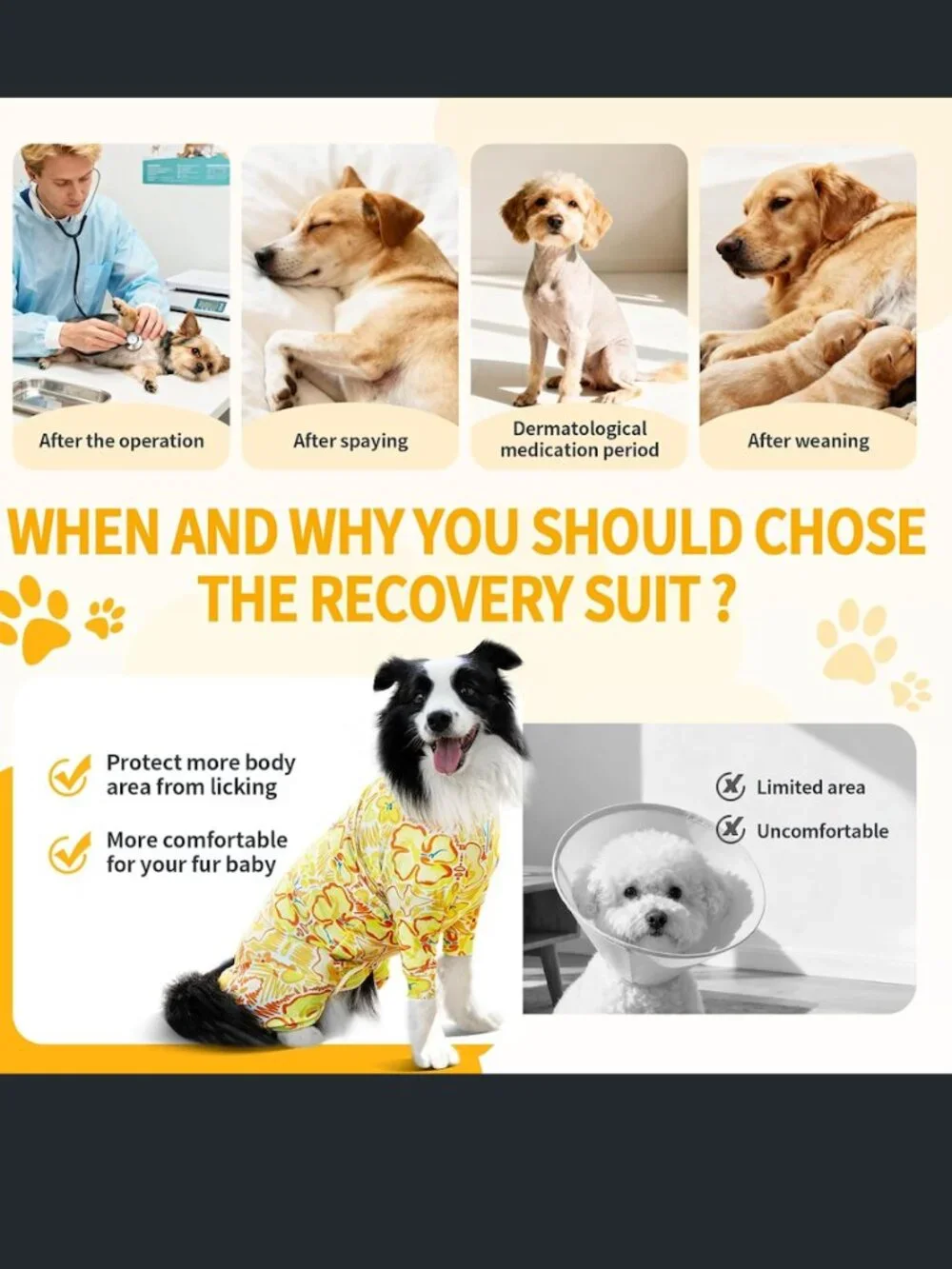 Brand New Dog Recovery Suit – Yellow Print (X-Large) Lightweight Breathable O